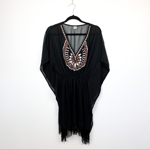 Black Sheer Beach Swim Coverup with Fringe - Picture 1 of 10